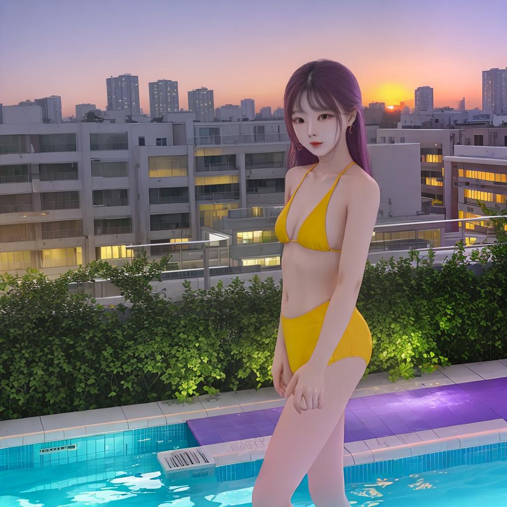  masterpiece, best quality, sunset sky, city, swimming pool, naked, li xiaolu, red, green, yellow, purple