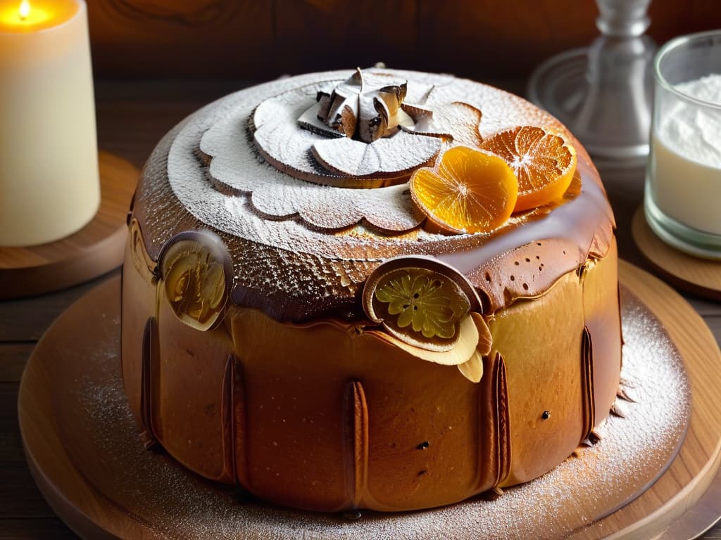  A closeup, ultradetailed image of a goldenbrown panettone with intricate scoring patterns on its domed top, sitting on a rustic wooden table scattered with fresh vanilla pods, candied fruits, and a dusting of powdered sugar. The texture of the panettone's moist crumb is visible, studded with plump raisins and citrus peel, exuding a warm, inviting aroma. The background fades into a soft blur, emphasizing the exquisite details of this artisanal Italian Christmas bread, highlighting the integration of special fermenting agents in its creation. hyperrealistic, full body, detailed clothing, highly detailed, cinematic lighting, stunningly beautiful, intricate, sharp focus, f/1. 8, 85mm, (centered image composition), (professionally color graded), ((bright soft diffused light)), volumetric fog, trending on instagram, trending on tumblr, HDR 4K, 8K