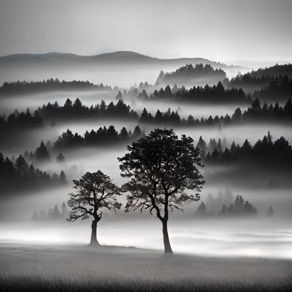  A black and white landscape masterpiece with dramatic lighting and mist, featuring high detailed, ultra-detailed elements, in an 8k resolution. The main subject of the scene is a lonely tree standing tall amidst the mist. hyperrealistic, full body, detailed clothing, highly detailed, cinematic lighting, stunningly beautiful, intricate, sharp focus, f/1. 8, 85mm, (centered image composition), (professionally color graded), ((bright soft diffused light)), volumetric fog, trending on instagram, trending on tumblr, HDR 4K, 8K