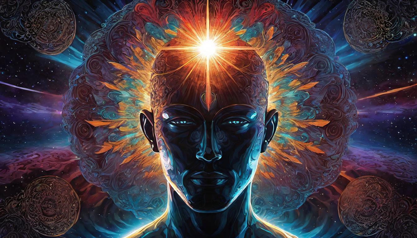  digital illustration, Human silhouette with expanded consciousness, radiant light surrounding head, third eye open, cosmic energy, spiritual enlightenment, transcendent, looking at viewer, dynamic pose, (intricate details, masterpiece, best quality)