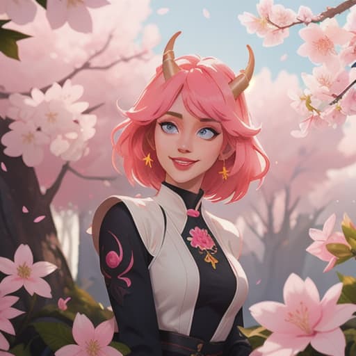  A happy female monster with small yellow horns, blue eyes, pink hair, detailed face detailed skin, cherry blossom forest background, dramatic lighting, scenery hyperrealistic, full body, detailed clothing, highly detailed, cinematic lighting, stunningly beautiful, intricate, sharp focus, f/1. 8, 85mm, (centered image composition), (professionally color graded), ((bright soft diffused light)), volumetric fog, trending on instagram, trending on tumblr, HDR 4K, 8K