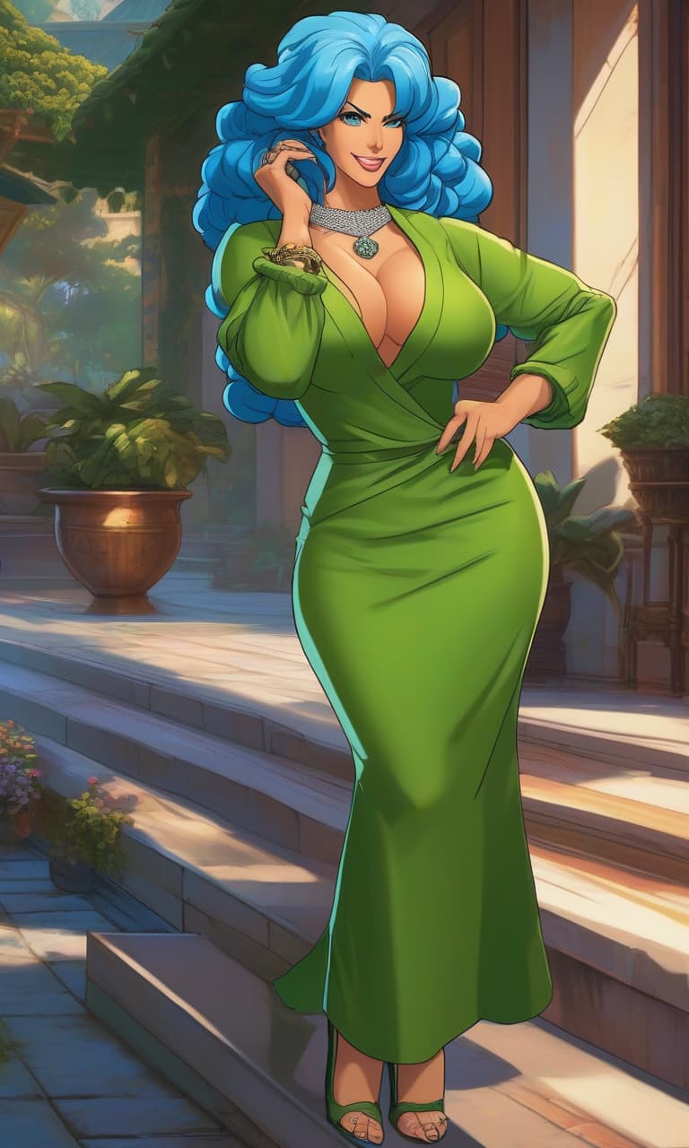  Street Fighter style Character Marge Simpson, concept art, with full blue hair, smiling, showing teeth, in a long green evening dress, diamond necklace, standing on the porch of a house, 2D, anime, extremely hyper detailed clothing, (extremely detailed face), (masterpiece: 1.4), (perfect eyes: 1.1), (deep green colored eyes) . vibrant, dynamic, arcade, 2D fighting game, highly detailed, reminiscent of Street Fighter series hyperrealistic, full body, detailed clothing, highly detailed, cinematic lighting, stunningly beautiful, intricate, sharp focus, f/1. 8, 85mm, (centered image composition), (professionally color graded), ((bright soft diffused light)), volumetric fog, trending on instagram, trending on tumblr, HDR 4K, 8K