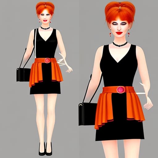  create a photorealistic image of a mature eastern woman with orange hair with highlights in a loose bun with bright glossy thick ruby red lips and dark kohl eyeshadow with wing tips wearing a sleeveless elastane mini dress with a wide belt, very dark hosiery and heels shopping for heels with friends in a quiet European store. She has super long fingernails and tattoos chewing on a small straw