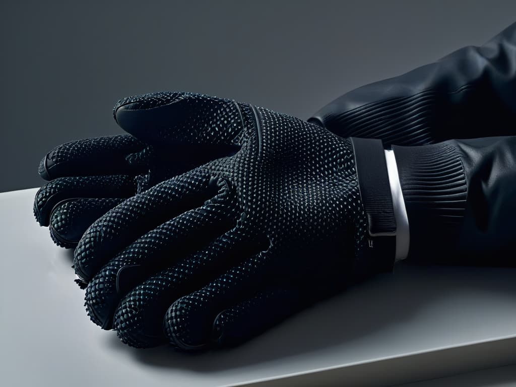  A minimalistic yet highly detailed 8k ultradetailed image of a pair of sleek black silicone oven gloves, showcasing intricate textured patterns on the surface, with a subtle sheen reflecting light to emphasize their advanced heat protection properties. The gloves are elegantly displayed against a clean, white backdrop, highlighting their professional and modern design suitable for handling hot items with ease and style. hyperrealistic, full body, detailed clothing, highly detailed, cinematic lighting, stunningly beautiful, intricate, sharp focus, f/1. 8, 85mm, (centered image composition), (professionally color graded), ((bright soft diffused light)), volumetric fog, trending on instagram, trending on tumblr, HDR 4K, 8K