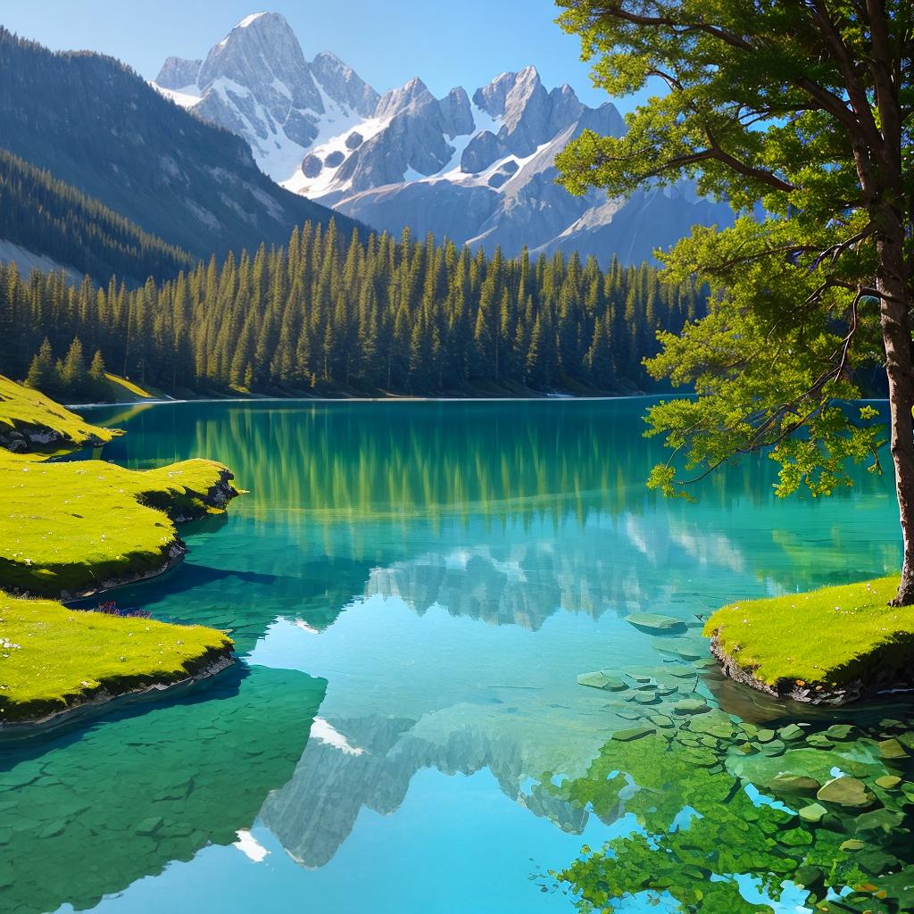  as a painting, Convey the serene majesty of towering mountains reflected in the crystal-clear waters of a tranquil alpine lake, using your unique artistic vision to evoke a sense of awe and tranquility.