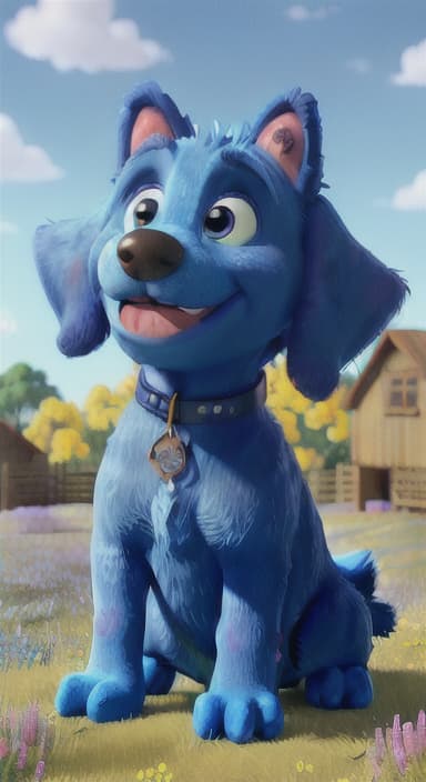  {A happy, big blue dog wagging its tail in a colorful meadow, The big blue dog is large with sky blue fur, big round eyes, a black nose, and floppy ears.