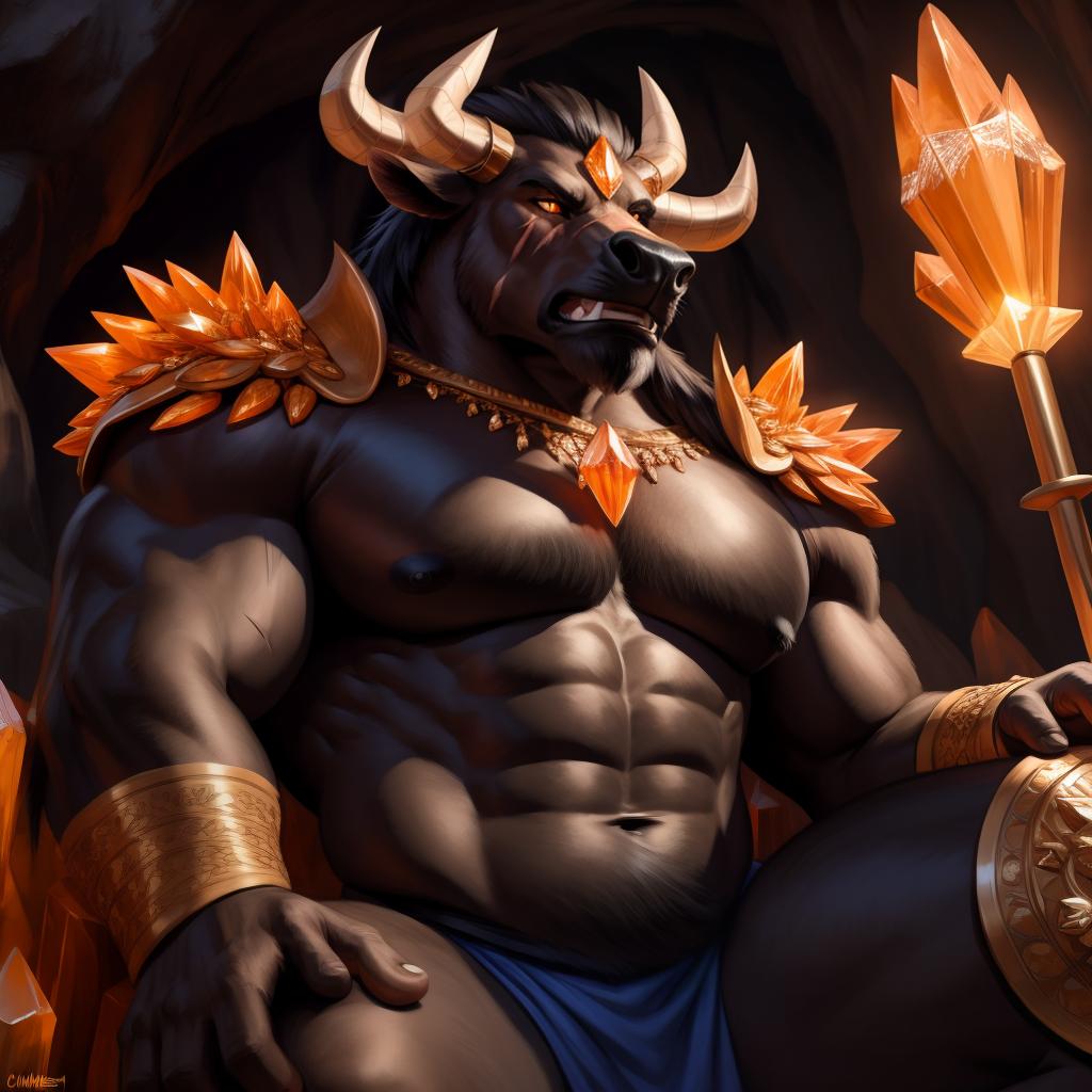  By chunie, by Meesh, 3d, portrait, full view, full body, detailed eyes, glowing eyes:2, sharp detail, masterpiece, crystal horns:2(orange crystal), photorealistic:2, solo, anthro, male, black bull, scar on face, large muzzle, a black bull sitting on a crystal throne:2, large cave, mouth closed, angry face:2, serious face:2, rage, enraged:2, ultra detailed glowing crystals, wear ultra detailed sparkling crystal armor:2(amber crystals), sfw, thick body:2, muscular body:2, large body:2, stare at the camera, open eyes, digital art, masterpiece, 4k, fine details,