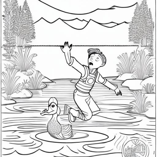  A delightful coloring book page for children, depicting a scene where a boy is jumping off a dock into a lake, accompanied by his duck stuffie.