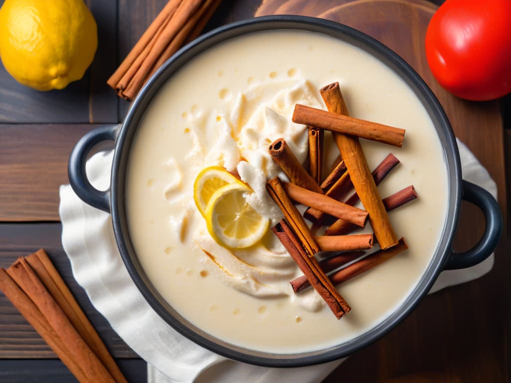  An ultradetailed closeup image of a simmering pot of creamy arroz con leche, showcasing the rich texture and traditional ingredients like cinnamon sticks and lemon peel, with steam gently rising, creating a warm and inviting atmosphere. hyperrealistic, full body, detailed clothing, highly detailed, cinematic lighting, stunningly beautiful, intricate, sharp focus, f/1. 8, 85mm, (centered image composition), (professionally color graded), ((bright soft diffused light)), volumetric fog, trending on instagram, trending on tumblr, HDR 4K, 8K