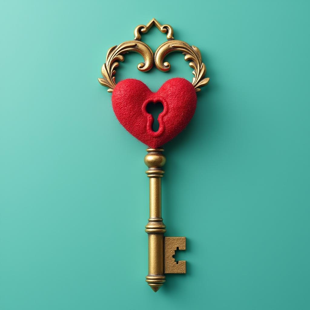  good quality, high quality, key with keyhole, key with heart, a vintage golden key with an ornate heart shaped bow on a minimal teal background. real estate concept, golden key with red heart