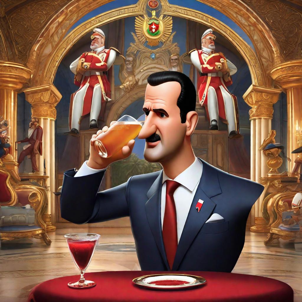  Basar al-Assad, the President of Syria, drinks the blood of the Syrian people , Disney Pixar poster, pixar movie style, animated disney cartoon face, disney face, portrait, cute face, round face, cartoon character, Disney character, Disney animated movies, Disney Pixar hyperrealistic, full body, detailed clothing, highly detailed, cinematic lighting, stunningly beautiful, intricate, sharp focus, f/1. 8, 85mm, (centered image composition), (professionally color graded), ((bright soft diffused light)), volumetric fog, trending on instagram, trending on tumblr, HDR 4K, 8K