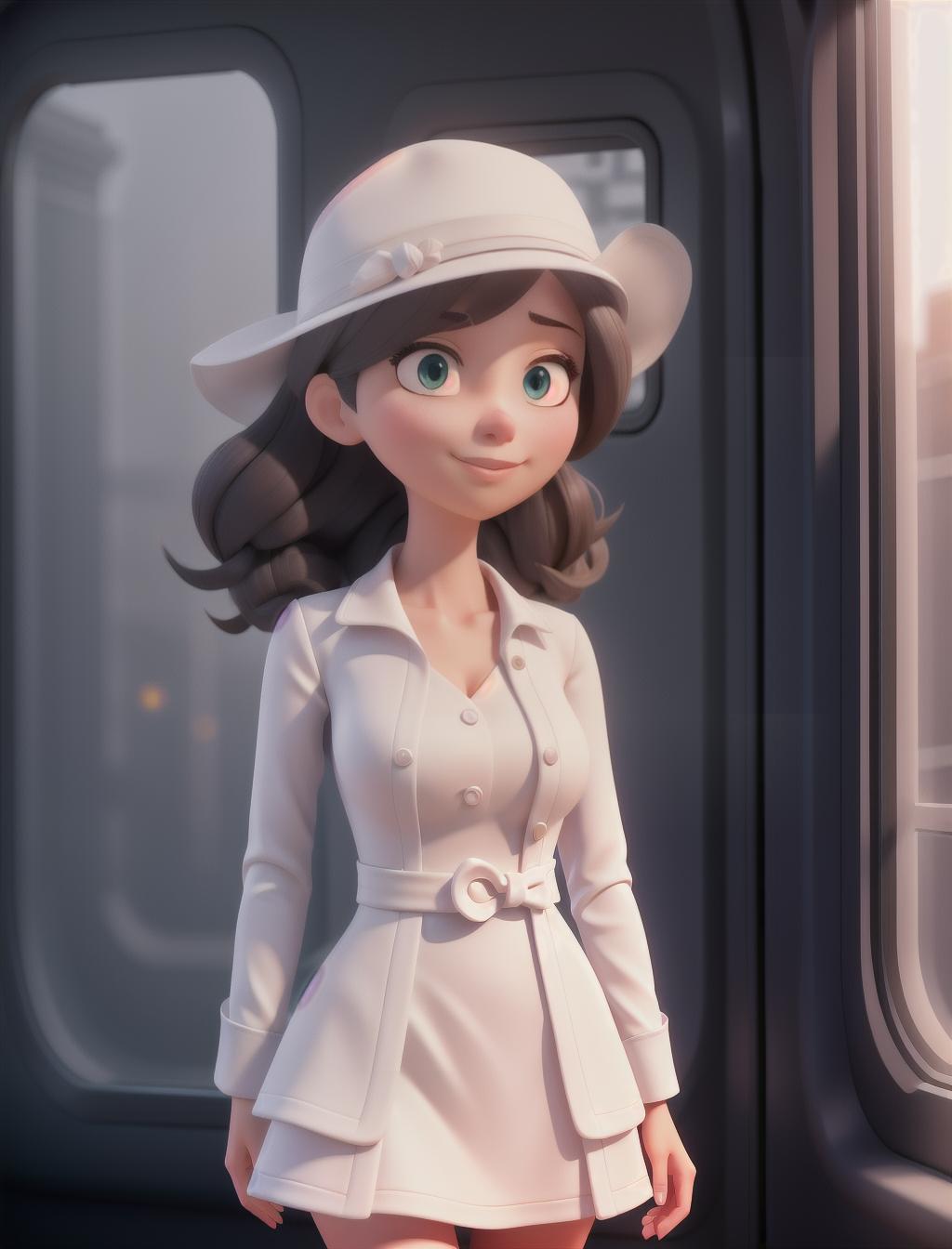  a woman a train looking out the window, pixiv, white suit and hat, in a dress, cute enjoying the sun light hyperrealistic, full body, detailed clothing, highly detailed, cinematic lighting, stunningly beautiful, intricate, sharp focus, f/1. 8, 85mm, (centered image composition), (professionally color graded), ((bright soft diffused light)), volumetric fog, trending on instagram, trending on tumblr, HDR 4K, 8K