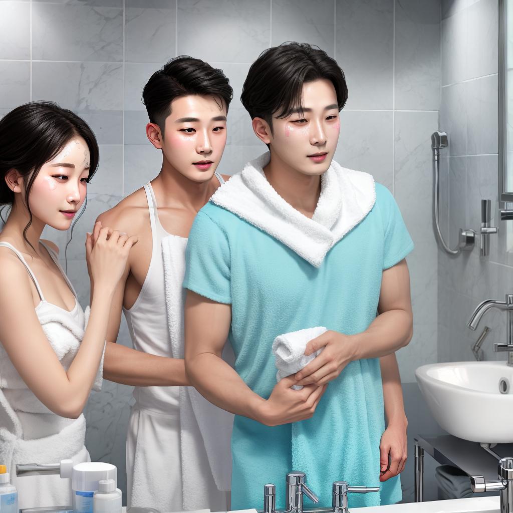  mother, father and son wash their faces with a towel