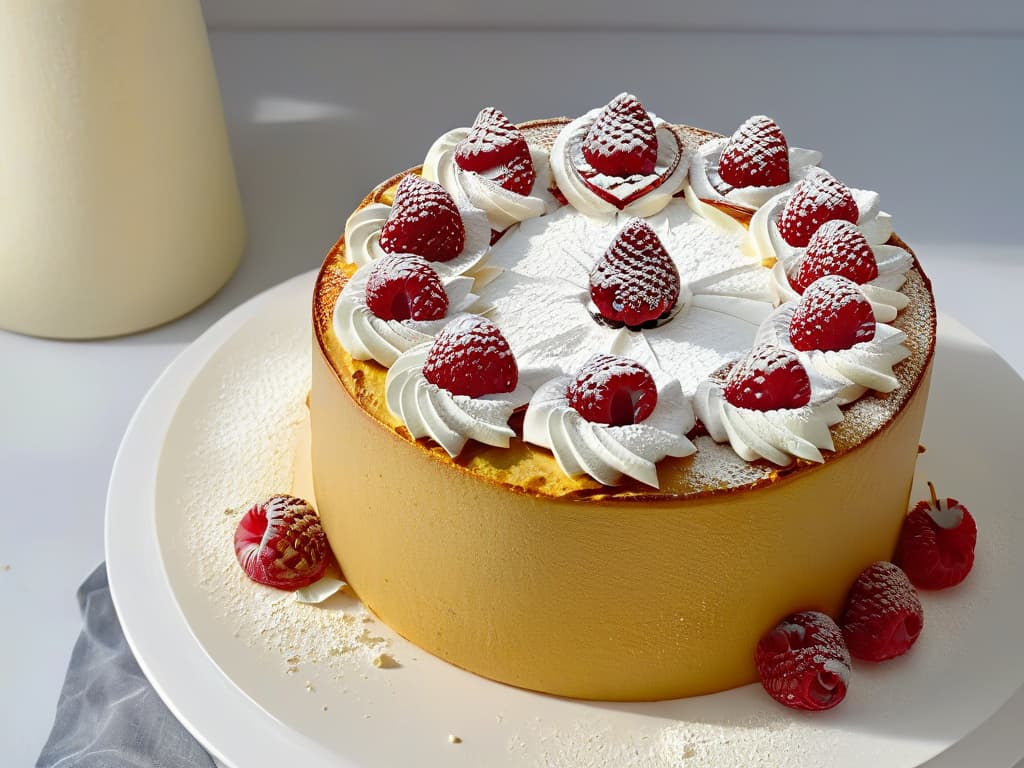  An ultradetailed closeup image of a perfectly textured glutenfree almond flour cake, adorned with fresh raspberries and a dusting of powdered sugar, set against a simple, elegant white backdrop. The cake's golden crust glistens in the light, showcasing its moist crumb and delicate almond flavor. The raspberries add a pop of vibrant color, contrasting beautifully with the neutral tones of the cake and background, creating a visually striking and appetizing composition that embodies the essence of alternative flour baking. hyperrealistic, full body, detailed clothing, highly detailed, cinematic lighting, stunningly beautiful, intricate, sharp focus, f/1. 8, 85mm, (centered image composition), (professionally color graded), ((bright soft diffused light)), volumetric fog, trending on instagram, trending on tumblr, HDR 4K, 8K