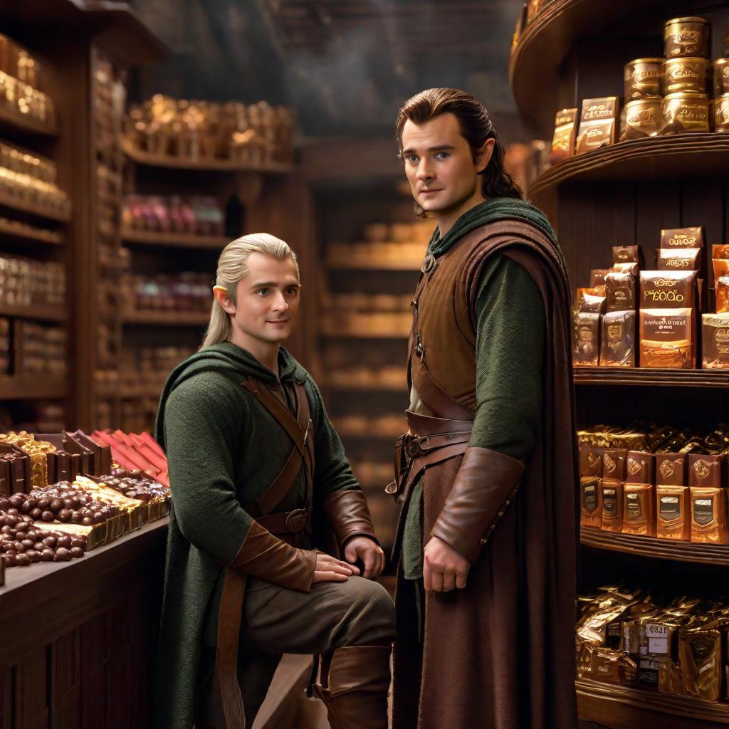  frodo and legolas in shop, buy chocolate,, cute, hyper detail, full HD hyperrealistic, full body, detailed clothing, highly detailed, cinematic lighting, stunningly beautiful, intricate, sharp focus, f/1. 8, 85mm, (centered image composition), (professionally color graded), ((bright soft diffused light)), volumetric fog, trending on instagram, trending on tumblr, HDR 4K, 8K
