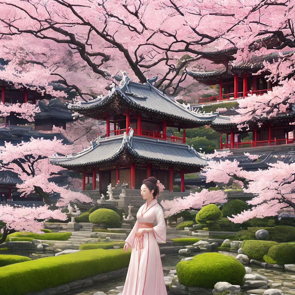 ((masterpiece)),(((best quality))), 8k, high detailed, ultra-detailed. A girl wearing a traditional Chinese qipao sitting under a cherry blossom tree in an ancient garden. The scene is captured in a hand-painted ink wash style, resembling a classical Chinese painting. The girl is surrounded by the tranquil beauty of the garden's architecture. The cherry blossom tree blooms delicately, its branches stretching gracefully towards the heavens. The ancient garden features stone pathways, a decorative pond with koi fish, and traditional pavilions with curved roofs. The colors are vibrant, with shades of pink and white for the cherry blossoms, and subtle hues of green and gray for the garden elements. The lighting is soft, casting a gentle glow on hyperrealistic, full body, detailed clothing, highly detailed, cinematic lighting, stunningly beautiful, intricate, sharp focus, f/1. 8, 85mm, (centered image composition), (professionally color graded), ((bright soft diffused light)), volumetric fog, trending on instagram, trending on tumblr, HDR 4K, 8K