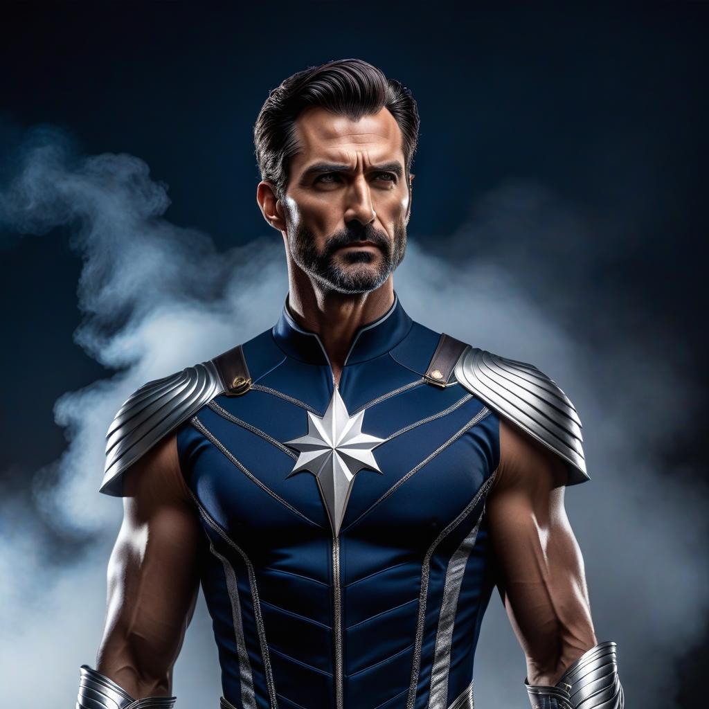  Tall man, dark blue and silver costume, standing sideways, beautiful body hyperrealistic, full body, detailed clothing, highly detailed, cinematic lighting, stunningly beautiful, intricate, sharp focus, f/1. 8, 85mm, (centered image composition), (professionally color graded), ((bright soft diffused light)), volumetric fog, trending on instagram, trending on tumblr, HDR 4K, 8K