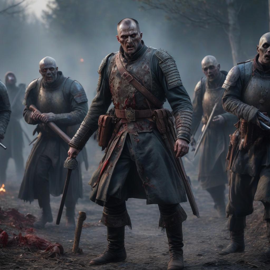  The zombie, bleeding, has no head, the form of a Russian soldier, standing at full height, holds a medieval mace in his hand, behind him stand other zombies. hyperrealistic, full body, detailed clothing, highly detailed, cinematic lighting, stunningly beautiful, intricate, sharp focus, f/1. 8, 85mm, (centered image composition), (professionally color graded), ((bright soft diffused light)), volumetric fog, trending on instagram, trending on tumblr, HDR 4K, 8K