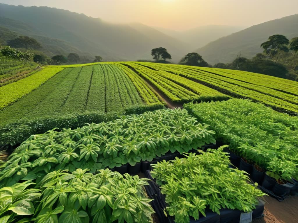  An ultradetailed image of a lush, vibrant fair trade spice farm at golden hour, depicting the sun setting over rows of neatly organized spice plants, with workers in the background harvesting ethically sourced ingredients. The image captures the beauty of sustainable agriculture practices and the social impact of choosing fair trade products, with every leaf, flower, and person's expression intricately detailed in high resolution. hyperrealistic, full body, detailed clothing, highly detailed, cinematic lighting, stunningly beautiful, intricate, sharp focus, f/1. 8, 85mm, (centered image composition), (professionally color graded), ((bright soft diffused light)), volumetric fog, trending on instagram, trending on tumblr, HDR 4K, 8K