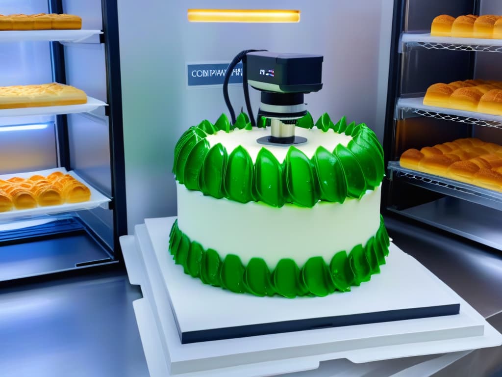  A photorealistic image showcasing a stateoftheart 3D food printer in a sleek, modern bakery setting. The printer is intricately crafting a detailed and ornate pastry design, with vibrant colors and precise details. Surrounding the printer are shelves filled with various dessert ingredients and tools, adding to the professional and inspirational atmosphere of the scene. The lighting is soft yet focused, highlighting the precision and sophistication of the 3D printing process in the world of pastrymaking. hyperrealistic, full body, detailed clothing, highly detailed, cinematic lighting, stunningly beautiful, intricate, sharp focus, f/1. 8, 85mm, (centered image composition), (professionally color graded), ((bright soft diffused light)), volumetric fog, trending on instagram, trending on tumblr, HDR 4K, 8K