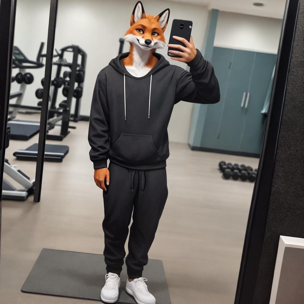  as a cinematic render, Anthro male fox, sweatshirt, sweatpants, in a gym, selfie, in mirror, smiling, full length portrait hyperrealistic, detailed clothing, 4K, 8K