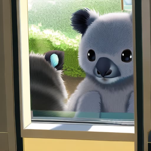  koala outside looking into a house window, group of kids playing in the window, focus cow looking into window at kids