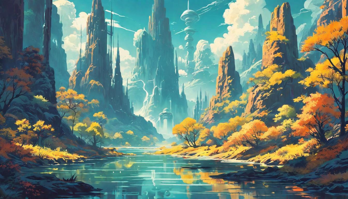  retro futuristic Calm river, flowing steadily, peaceful waters, clarity and reflection, gentle ripples lvintage sci fi, 50s and 60s style, atomic age, vibrant, highly detailed