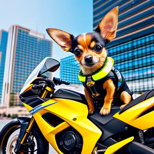  cute yellow chihuahua riding a bike and holding flowers, white background. show complete image., neon ambiance, abstract black oil, gear mecha, detailed acrylic, grunge, intricate complexity, rendered in unreal engine, photorealistic