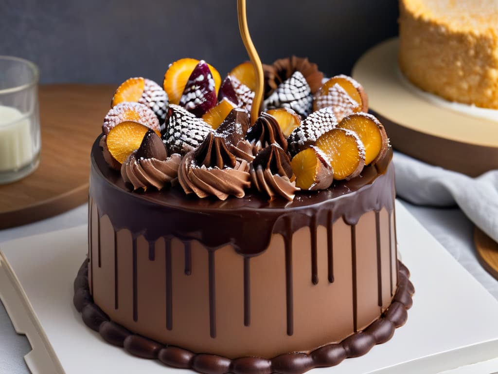  A closeup, ultrahigh resolution image of a glossy, perfectly emulsified chocolate ganache being smoothly poured over a decadent layered cake. The rich, velvety texture of the ganache contrasts beautifully with the delicate crumb of the cake, showcasing the magic of emulsions in pastry making. The dark chocolate ganache glistens under a soft, diffused light, highlighting every luscious detail and creating a mouthwatering visual treat for the viewers. hyperrealistic, full body, detailed clothing, highly detailed, cinematic lighting, stunningly beautiful, intricate, sharp focus, f/1. 8, 85mm, (centered image composition), (professionally color graded), ((bright soft diffused light)), volumetric fog, trending on instagram, trending on tumblr, HDR 4K, 8K