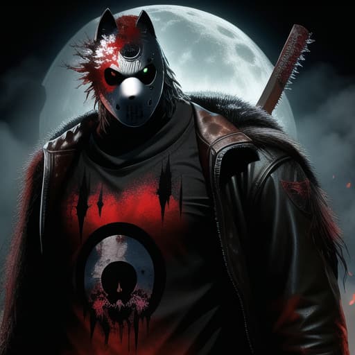  fusion Jason Voorhees and a Wolf, long snout, machete, bloody, gore, blood splattered, horror theme, , (masterpiece, best quality:1.5), HDR 4K, 8K