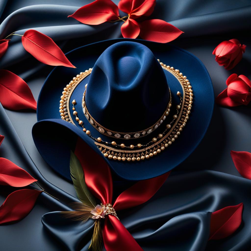  Luxury product style (Background):A summer day, a street, a two storey old house immersed in greenery. On the lawn next to the house on a blanket are: a hat, 3 open tubes of red lipstick, gilt rimmed glasses. (Tall hat design):colour:dark blue, with a silvery tint, decorated with gold twisted patterns, small gold beads, a wide red ribbon, with a ruby in a gold frame, a flower bud of purple petals, feathers of gold, red, blue. Translated with DeepL.com (free version) . Elegant, sophisticated, high end, luxurious, professional, highly detailed hyperrealistic, full body, detailed clothing, highly detailed, cinematic lighting, stunningly beautiful, intricate, sharp focus, f/1. 8, 85mm, (centered image composition), (professionally color graded), ((bright soft diffused light)), volumetric fog, trending on instagram, trending on tumblr, HDR 4K, 8K