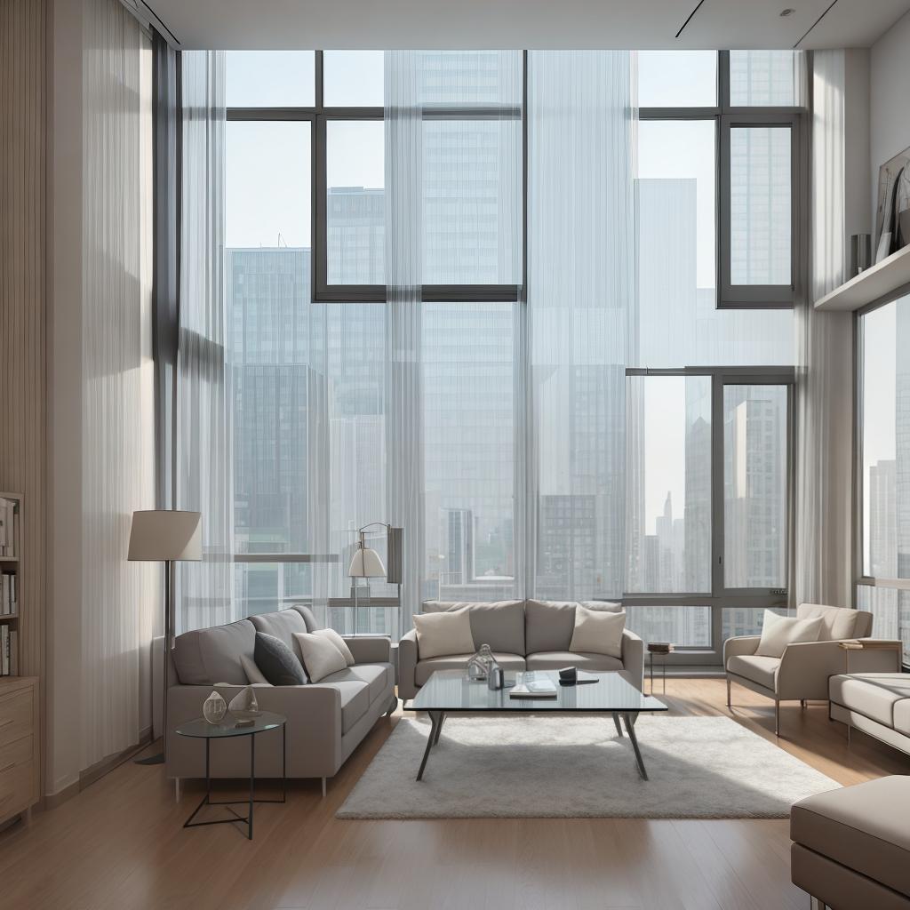  masterpiece, best quality, Best Quality, Masterpiece, 8k resolution,high resolution concept art of an apartment living room with floor to ceiling windows and modern furniture