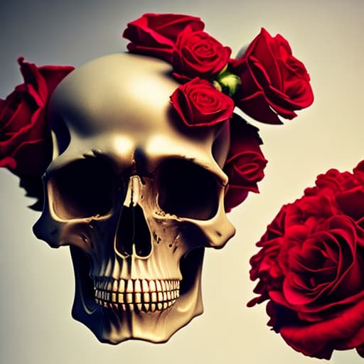  A skull with red flowers coming out of it hyperrealistic, full body, detailed clothing, highly detailed, cinematic lighting, stunningly beautiful, intricate, sharp focus, f/1. 8, 85mm, (centered image composition), (professionally color graded), ((bright soft diffused light)), volumetric fog, trending on instagram, trending on tumblr, HDR 4K, 8K