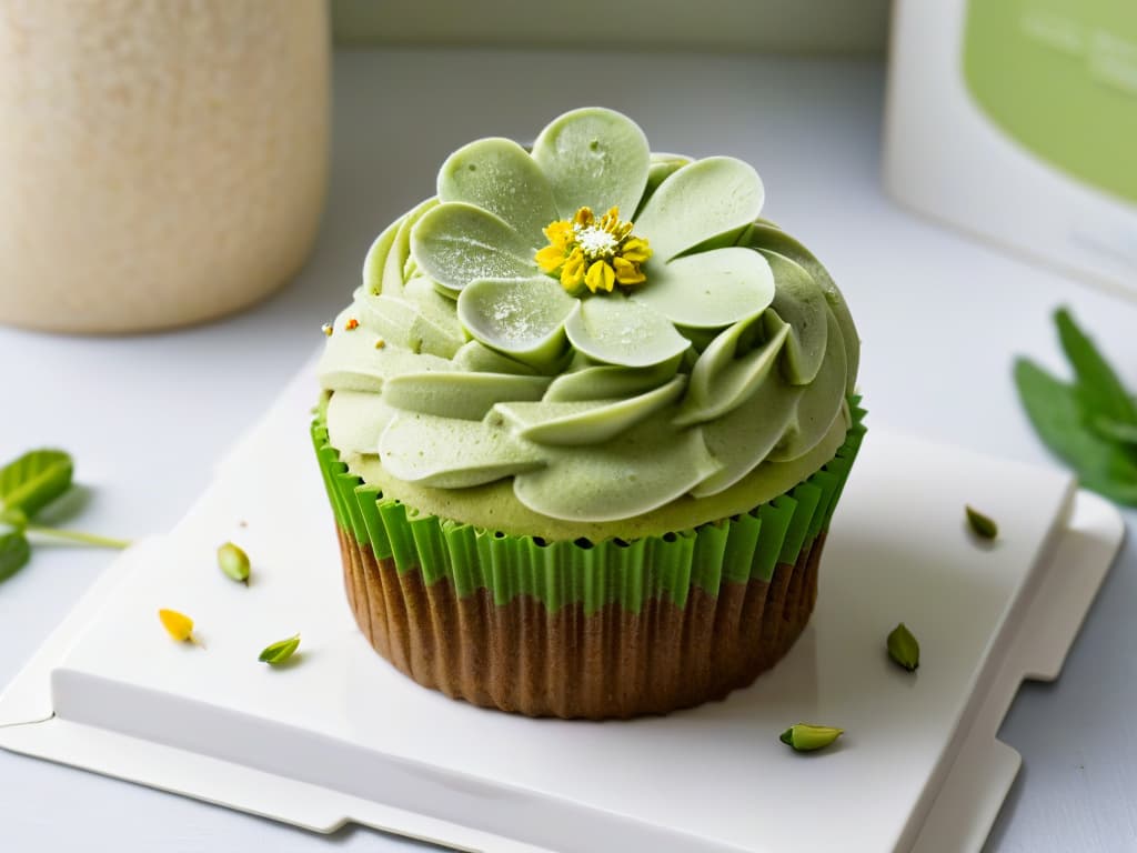  An ultradetailed image of a perfectly frosted vegan organic matcha green tea cupcake, topped with a delicate edible flower and a sprinkle of finely ground pistachios, set on a sleek, minimalist white plate with soft natural lighting emphasizing every intricate detail of the dessert. hyperrealistic, full body, detailed clothing, highly detailed, cinematic lighting, stunningly beautiful, intricate, sharp focus, f/1. 8, 85mm, (centered image composition), (professionally color graded), ((bright soft diffused light)), volumetric fog, trending on instagram, trending on tumblr, HDR 4K, 8K