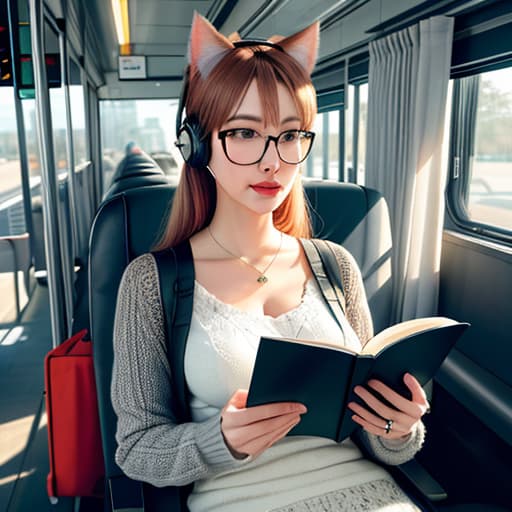  Realistic image of a cat wearing headphones and reading glasses while riding a bus., renaissance hyperrealistic, full body, detailed clothing, highly detailed, cinematic lighting, stunningly beautiful, intricate, sharp focus, f/1. 8, 85mm, (centered image composition), (professionally color graded), ((bright soft diffused light)), volumetric fog, trending on instagram, trending on tumblr, HDR 4K, 8K