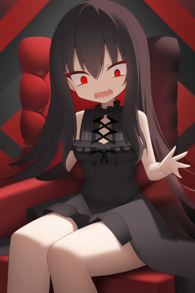  ((((Masterpiece)))), One Beautiful Woman, (((Shark Teeth))) 1.5, Open Mouth, ((Grining Face)), Black Curved Corners, Long Ly hair, (((Sharp Eyes) )))))))))) Black Gothic Lolita Dress, Sitting, Red Gothic Sofa, (((Black and Red Checkered Room Background))) ITY, 16k