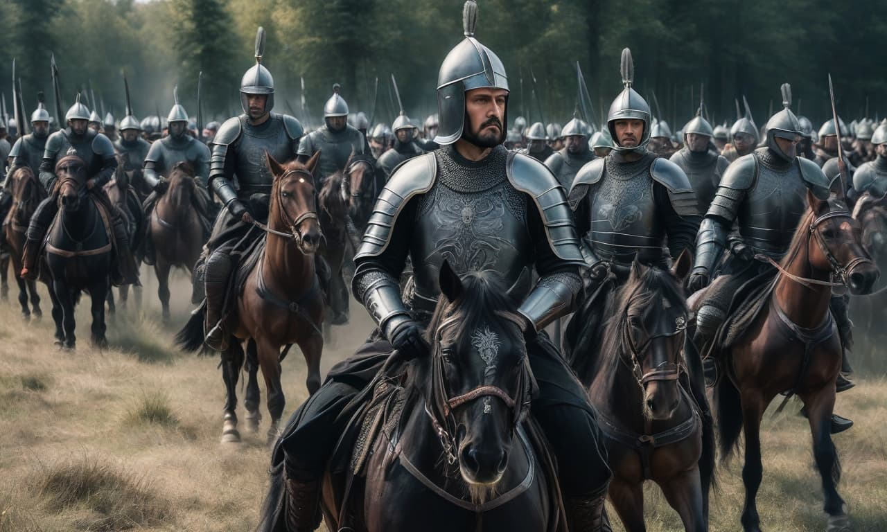  A cavalry army in black medieval armor stands in a realistic formation. [ Konnaya armiya v chernyh srednevekovyh dobroplaneh stoyt stroi realizm. The given prompt asks to translate the phrase "конная армия в черных средневековых доспехах стоит строй реализм" which means "a cavalry army in black medieval armor stands in a realistic formation." In English, the translation is: A cavalry army in black medieval armor stands in a realistic formation. The punctuation is preserved as written in the prompt. Translation done using Google Translate. hyperrealistic, full body, detailed clothing, highly detailed, cinematic lighting, stunningly beautiful, intricate, sharp focus, f/1. 8, 85mm, (centered image composition), (professionally color graded), ((bright soft diffused light)), volumetric fog, trending on instagram, trending on tumblr, HDR 4K, 8K