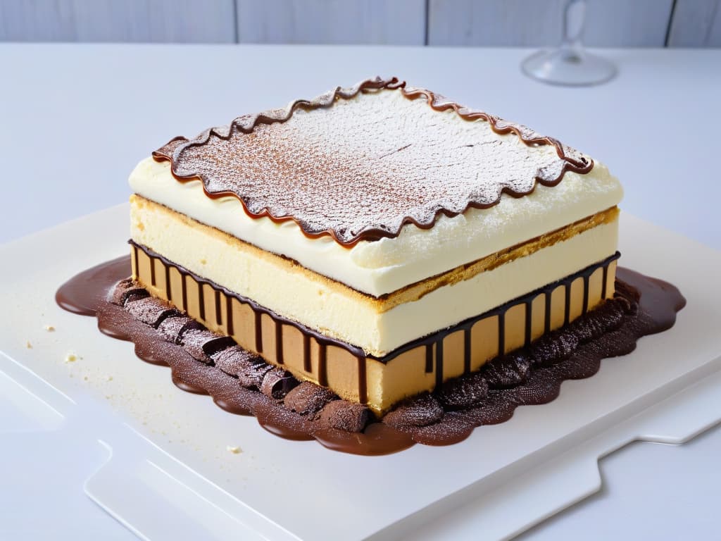  A closeup, ultradetailed image of a modern deconstructed version of a classic Tiramisu dessert, showcasing layers of coffeesoaked sponge cake, creamy mascarpone filling, and a dusting of cocoa powder on top. The dessert is elegantly presented on a sleek, white plate with delicate drizzles of espresso reduction and cocoa sauce artistically streaked around the plate, creating a visually stunning and mouthwatering composition. hyperrealistic, full body, detailed clothing, highly detailed, cinematic lighting, stunningly beautiful, intricate, sharp focus, f/1. 8, 85mm, (centered image composition), (professionally color graded), ((bright soft diffused light)), volumetric fog, trending on instagram, trending on tumblr, HDR 4K, 8K