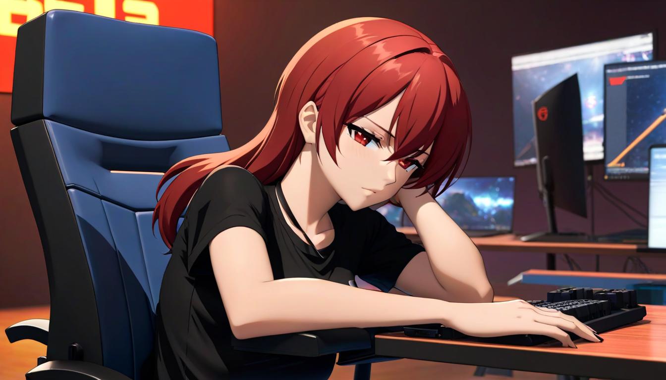  anime artwork An anime girl sitting on a gaming chair is sleeping on a table with her computer turned on. Bob hairstyle, red hair color, brown eyes.She is wearing a black short top with thin straps and black high waisted shorts. (((woman))) , Scenario, (detailed realistic background:1.3), (official art, beautiful and aesthetic:1.2), realistic lighting, ((orange hair)), ((straight hair)) . anime style, key visual, vibrant, studio anime, highly detailed hyperrealistic, full body, detailed clothing, highly detailed, cinematic lighting, stunningly beautiful, intricate, sharp focus, f/1. 8, 85mm, (centered image composition), (professionally color graded), ((bright soft diffused light)), volumetric fog, trending on instagram, trending on tumblr, HDR 4K, 8K