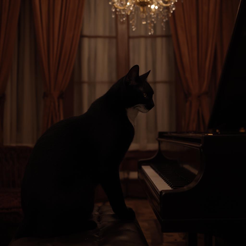  good quality, high quality, a cat, sitting upright on a grand piano, with its paws delicately pressing the keys. the setting is a luxurious, dimly lit room with velvet curtains and a chandelier overhead. the cat is a sleek, black feline with a shiny coat, and its eyes are focused intently on the keys as if it’s deeply engrossed in the music. the piano is polished to a high sheen, reflecting the soft glow of the chandelier, and there’s a faint sense of magic in the air.