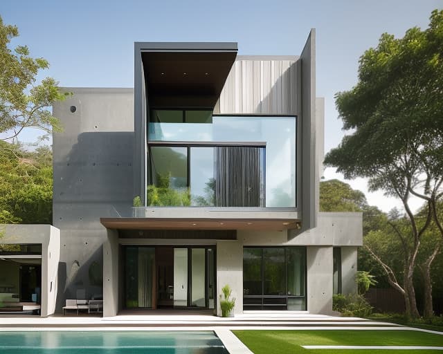  A sleek and contemporary villa with clean lines and geometric shapes stands proudly against a backdrop of lush greenery and rolling hills. The facade is clad in a mix of sleek glass panels and textured concrete, with pops of bright colors adding a playful touch. The windows are floor to ceiling, allowing natural light to flood the interior and creating a seamless connection between the indoors and outdoors. The villa's modern materials, such as polished stone and brushed metal, are chosen for their durability and sustainability, while the surrounding landscape is carefully curated to complement the building's design. The overall effect is a harmonious blend of architecture and nature, creating a serene and inviting oasis in the