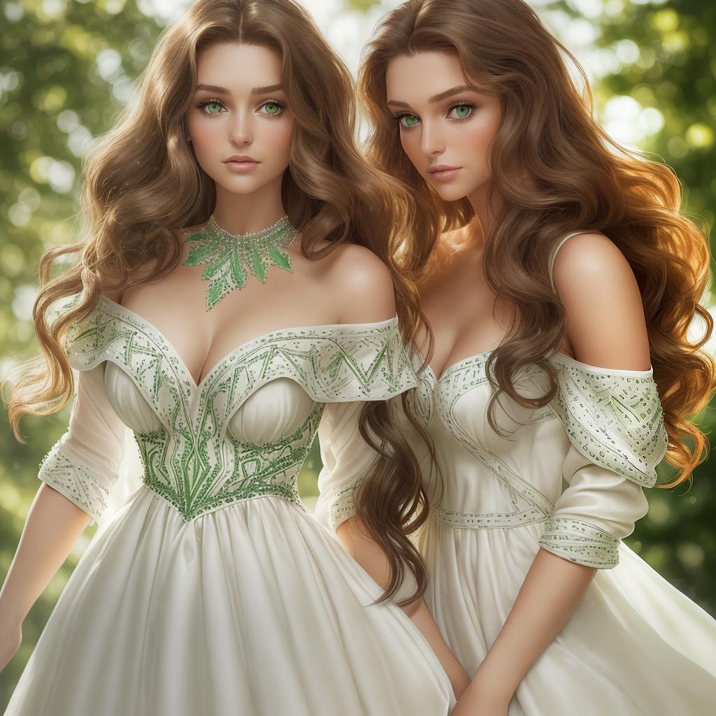  A closeup potrait of a beautiful woman with long brown hair and green eyes is wearing a white dress with an off the shoulder neckline. The dress is made of a sheer fabric and has intricate beading on the bodice. The woman's hair is styled in loose waves and she is wearing a soft, natural makeup look.