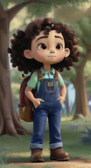  {Riley standing under the tree with eyes closed, making the wish., Riley, a curious with big brown eyes and curly hair, wearing overalls and carrying a small backpack. Their friend, Skye, a bluebird with shiny feathers.