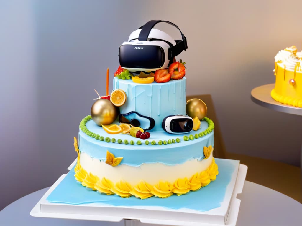  An ultradetailed 8k image of a virtual reality headset superimposed with intricate, colorful icing designs commonly used in creative pastry making. The headset appears to be seamlessly blending the virtual world of whimsical cake decorations with the realworld application in a visually stunning and captivating way. This minimalistic yet visually striking image perfectly complements the theme of the article, showcasing the seamless integration of virtual reality technology in the realm of creative pastry arts. hyperrealistic, full body, detailed clothing, highly detailed, cinematic lighting, stunningly beautiful, intricate, sharp focus, f/1. 8, 85mm, (centered image composition), (professionally color graded), ((bright soft diffused light)), volumetric fog, trending on instagram, trending on tumblr, HDR 4K, 8K