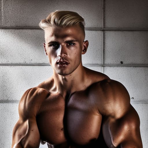 portrait+ style Russian queer fitness model blonde hunk dude face