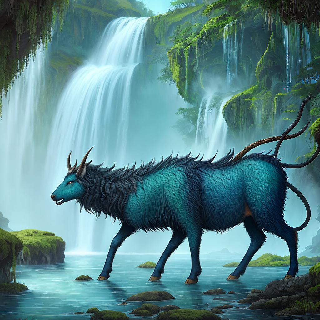  in a fantasy setting, Paint a surreal landscape where mythical beasts roam amidst cascading waterfalls.