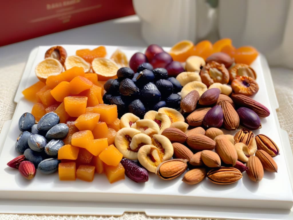  An ultradetailed closeup image of a luxurious assortment of premium mixed nuts and dried fruits elegantly arranged on a sleek, minimalist white platter. The nuts glisten with a light touch of honey and sprinkle of sea salt, while the dried fruits exude rich colors and textures, creating a visually stunning and enticing display that captures the essence of luxury nut preparation and preservation. hyperrealistic, full body, detailed clothing, highly detailed, cinematic lighting, stunningly beautiful, intricate, sharp focus, f/1. 8, 85mm, (centered image composition), (professionally color graded), ((bright soft diffused light)), volumetric fog, trending on instagram, trending on tumblr, HDR 4K, 8K