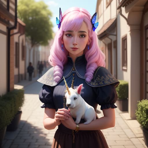  An alien female young woman, middle-ages town, loves butterflies and unicorn playing with puppy , hyperrealistic, high quality, highly detailed, perfect lighting, intricate, sharp focus, f/1. 8, 85mm, (centered image composition), (professionally color graded), ((bright soft diffused light)), trending on instagram, HDR 4K, 8K