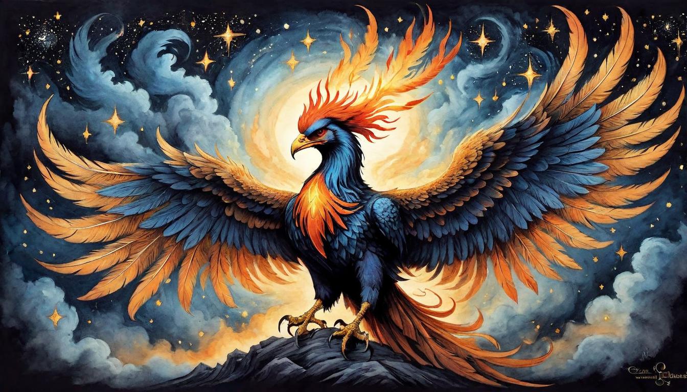  on parchment, surrealism+++, A majestic phoenix rises from the ashes, embodying the spirit of rebirth and inspiration, feathers glowing as if lit by an inner flame, silhouette framed against a dark, starry sky, rebirth, inspiration, invigoration(mysterious, provocative, symbolic,muted color)+++