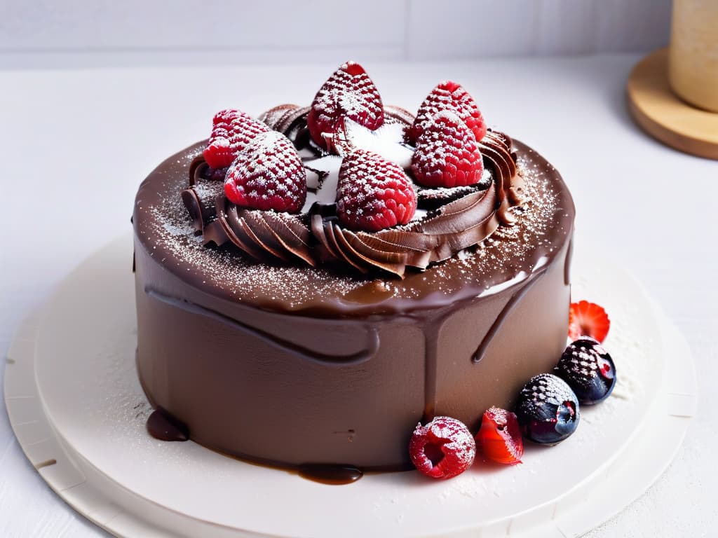  An ultradetailed closeup image of a decadent chocolate cake drizzled with luscious coconut oil ganache, topped with delicate coconut flakes, and surrounded by fresh, vibrant raspberries on a sleek, modern white plate. The chocolate glaze glistens under a soft, diffused light, highlighting the rich, glossy texture of the cake, creating a visually stunning and mouthwatering focal point that perfectly embodies the fusion of indulgence and health in coconut oilinfused desserts. hyperrealistic, full body, detailed clothing, highly detailed, cinematic lighting, stunningly beautiful, intricate, sharp focus, f/1. 8, 85mm, (centered image composition), (professionally color graded), ((bright soft diffused light)), volumetric fog, trending on instagram, trending on tumblr, HDR 4K, 8K